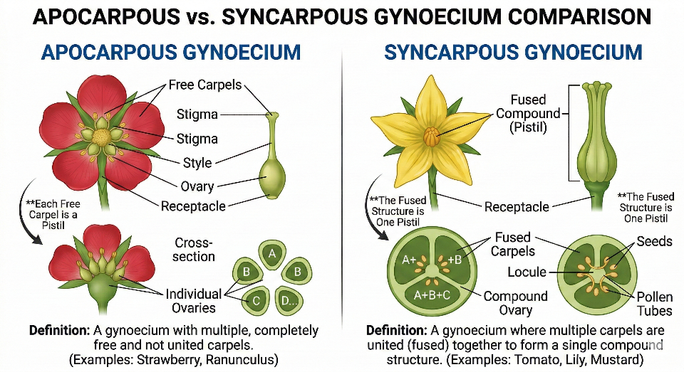 Monocarpellary multicarpellary apocarpous and syncarpous gynoecium diagram