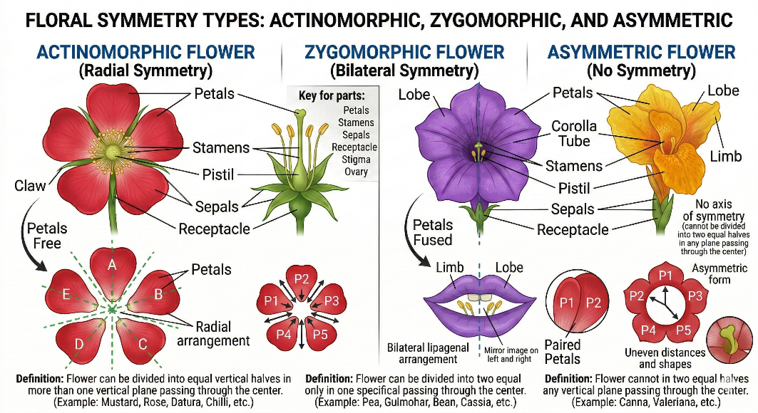 Actinomorphic zygomorphic and asymmetric flower symmetry diagram
