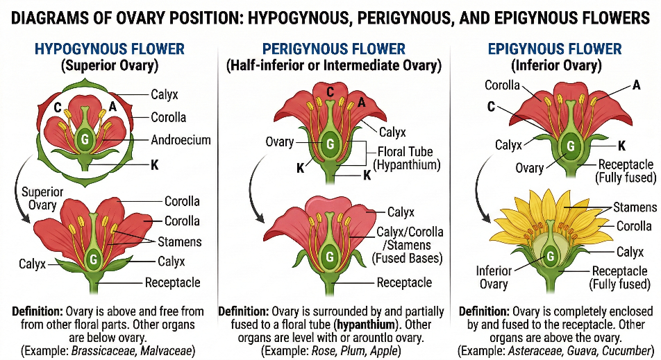 Hypogynous perigynous and epigynous ovary position comparison diagram